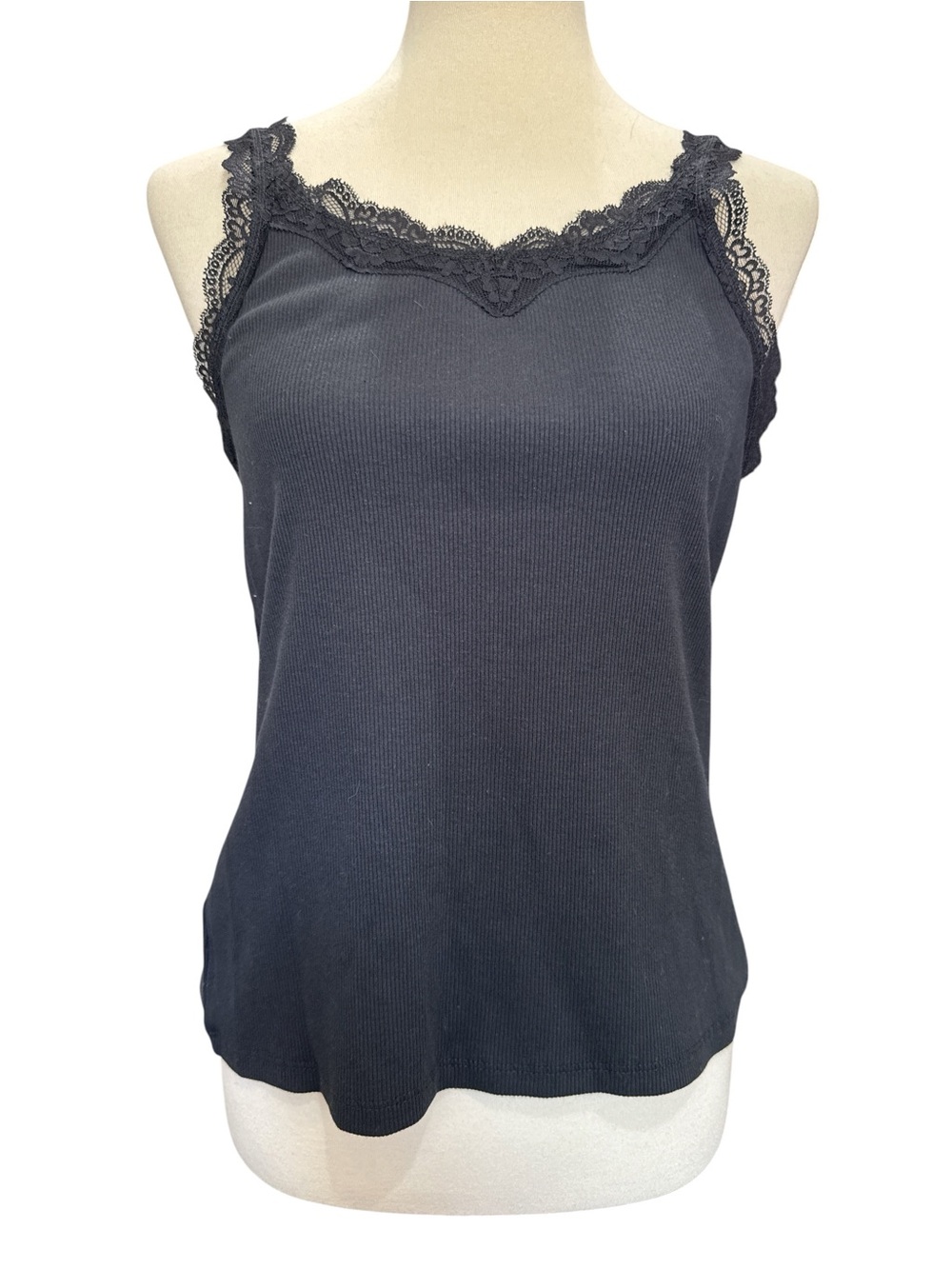 SO Black Ribbed Tank with Lace Trim #418